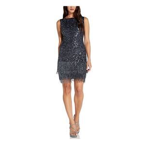 ADRIANNA PAPELL Navy Beaded Fringe Sequin Flapper Cocktail Party Dress 12-14
